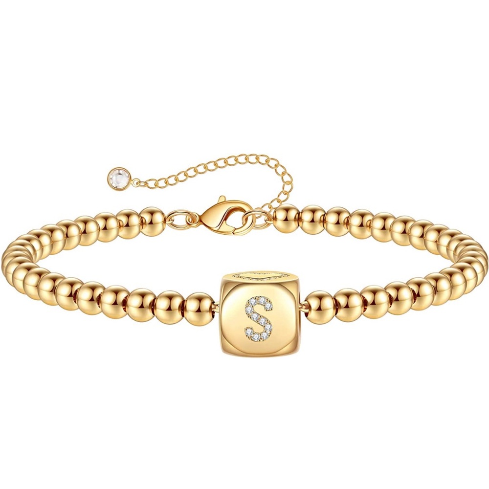 Gold Initial Bracelets for Women Girls, 14K Gold Plated Handmade Letter Bead